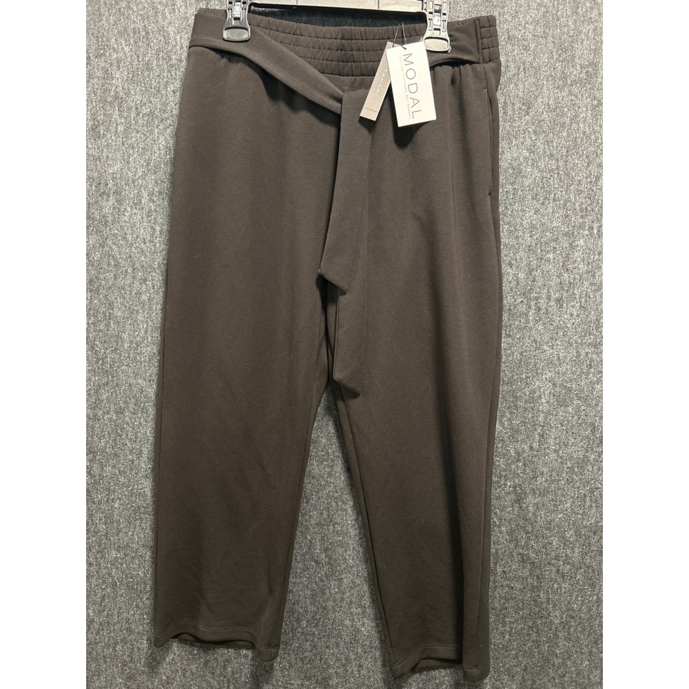 Tahari Modal Blend Pants Womens Large Black Soft Tie Waist Straight Leg Travel